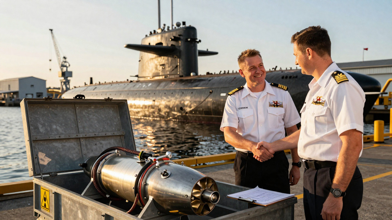 Dois oficiais da marinha a cumprimentar-se junto a um torpedo em caixas abertas, com um submarino ao fundo no porto.