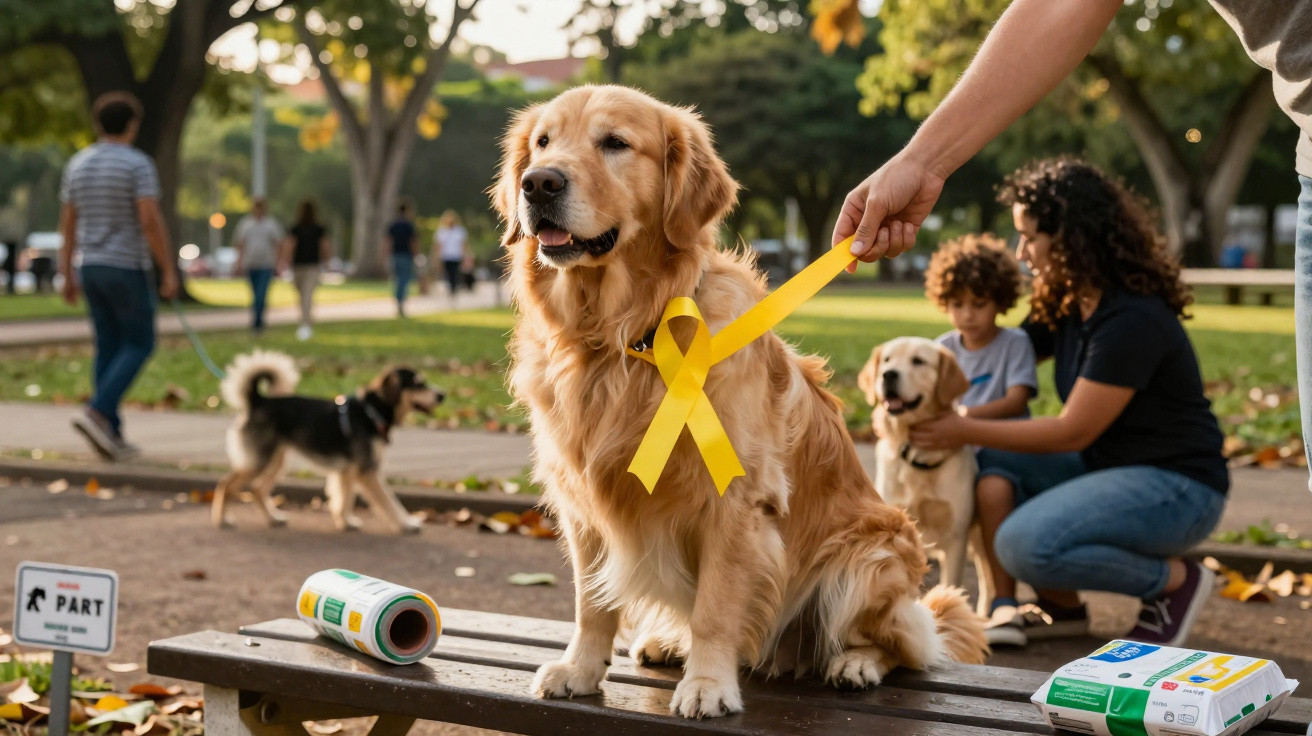 Cão golden retriever com fita amarela sentado num banco de parque, pessoas e outros cães ao fundo.
