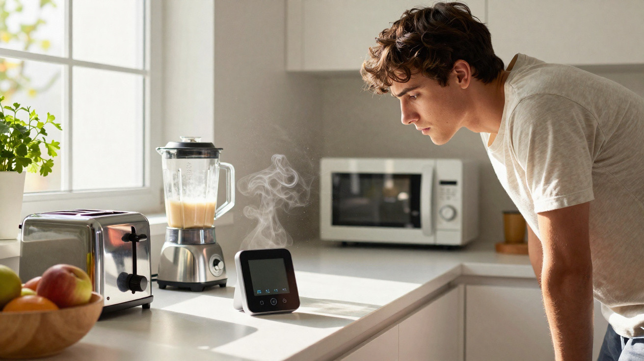 Jovem observa aparelho electrónico de cozedura na cozinha moderna com utensílios e fruta na bancada.