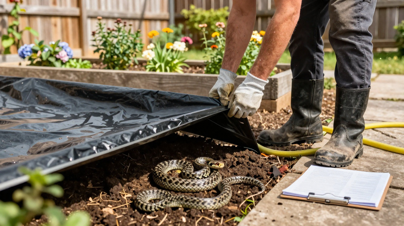 Pessoa a levantar plástico do solo num jardim, revelando uma cobra enrolada na terra.
