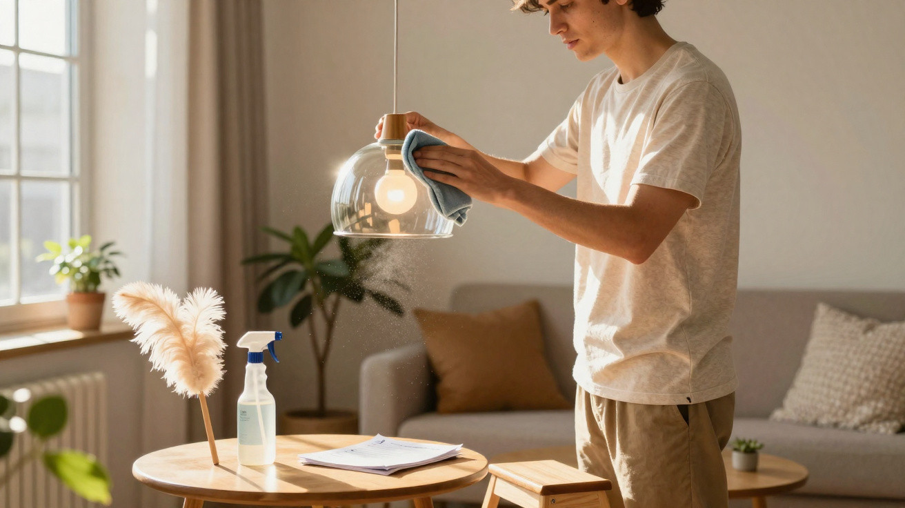 Homem a limpar uma candeeiro de vidro numa sala de estar iluminada e decorada com plantas.