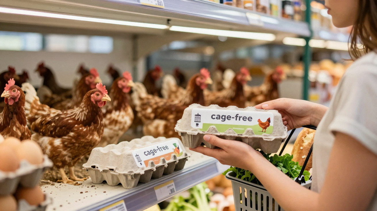 Mulher segurando um pacote de ovos cage-free em supermercado com galinhas livres ao fundo.