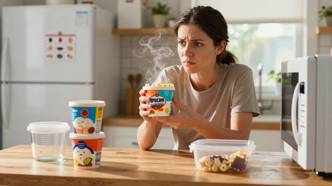 Mulher com expressão preocupada segurando prato instantâneo quente numa cozinha moderna.