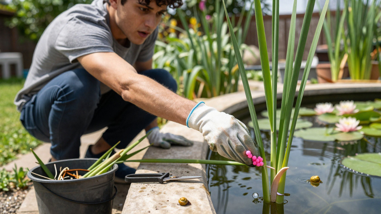 Jovem a colocar ovos cor-de-rosa em plantas aquáticas junto a lagoa com nenúfares e caracóis.