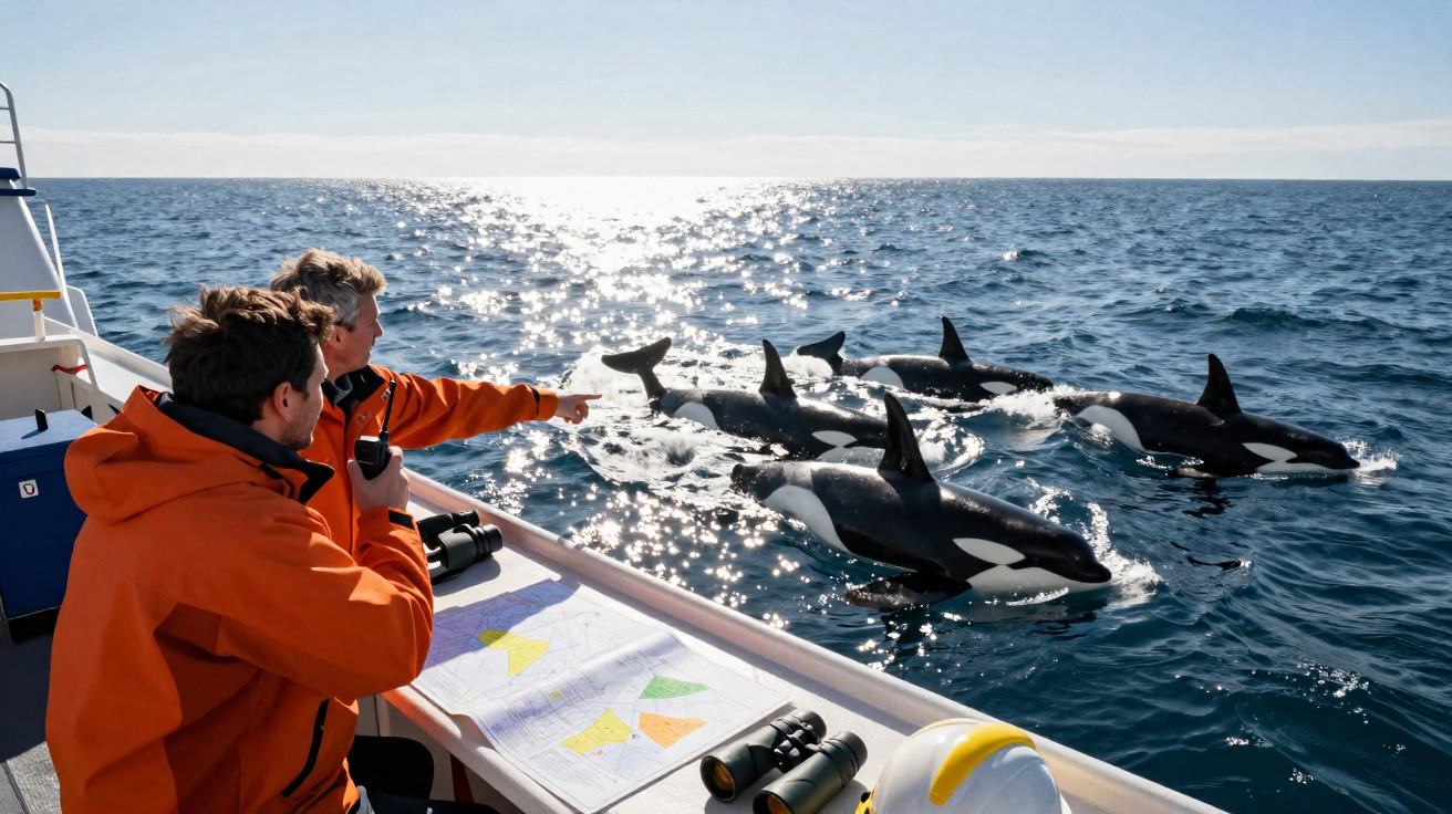 Dois homens a observar e apontar para um grupo de orcas a nadar perto de um barco no mar.