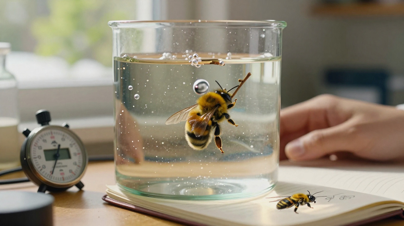 Abelha submersa em copo de vidro com bolhas, ao lado de uma mão e outra abelha num livro aberto.