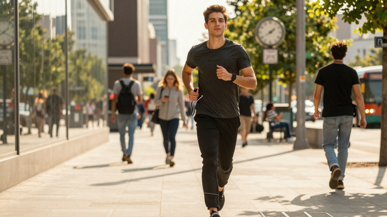 Homem a correr numa calçada urbana movimentada com edifícios e pessoas ao fundo.