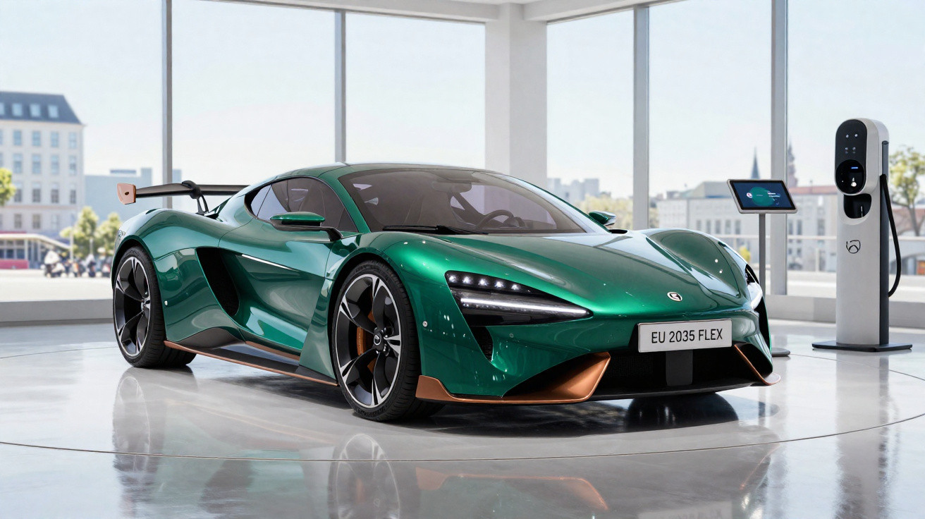Carro desportivo elétrico verde e preto numa sala ampla com estação de carregamento ao lado.
