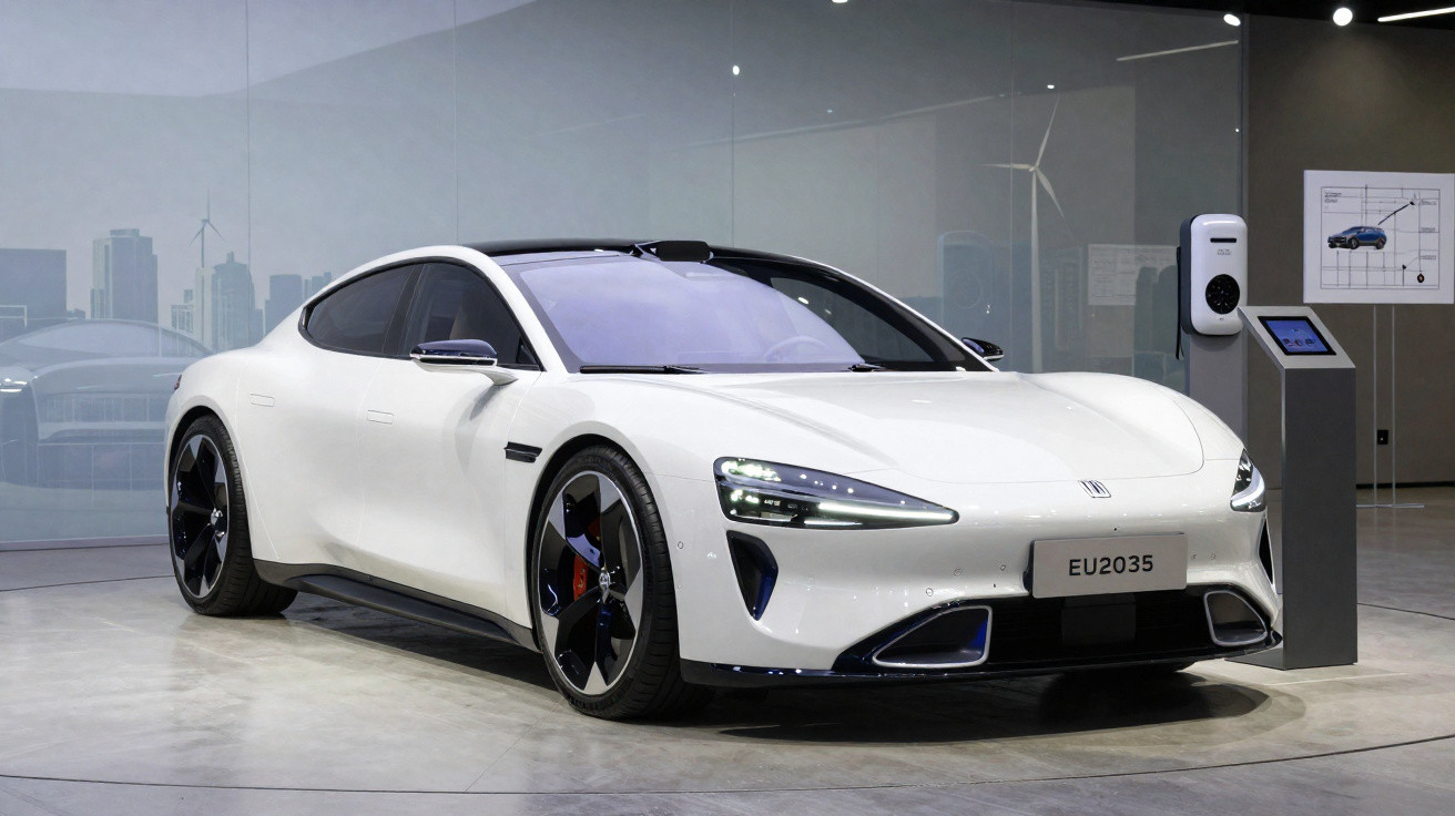Carro elétrico desportivo branco exposto num salão, com painel de carregamento ao lado.