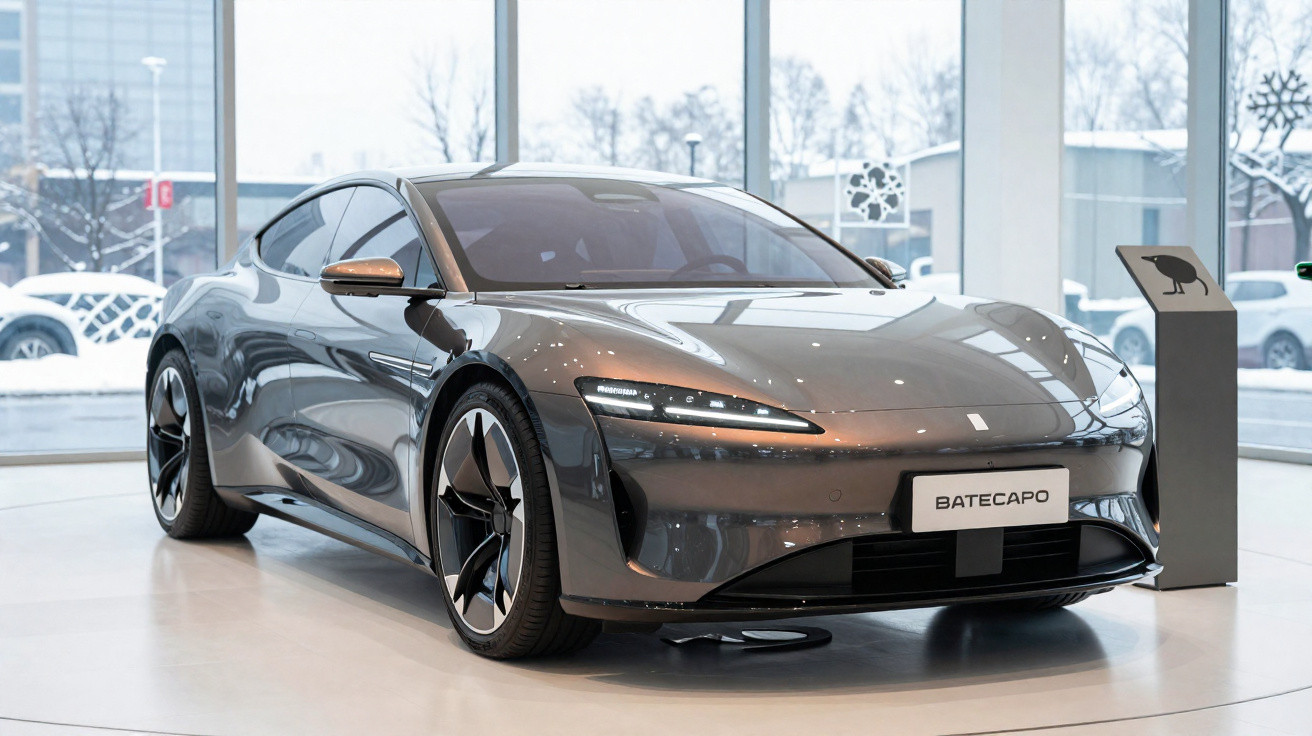 Carro desportivo elétrico cinza metálico em exposição numa sala com grandes janelas e neve lá fora.