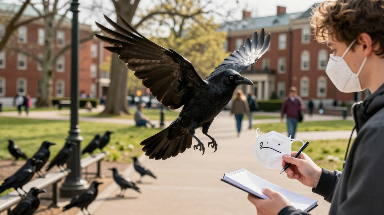 Pombo preto em voo próximo a pessoa mascarada a escrever num caderno ao ar livre num parque urbano.