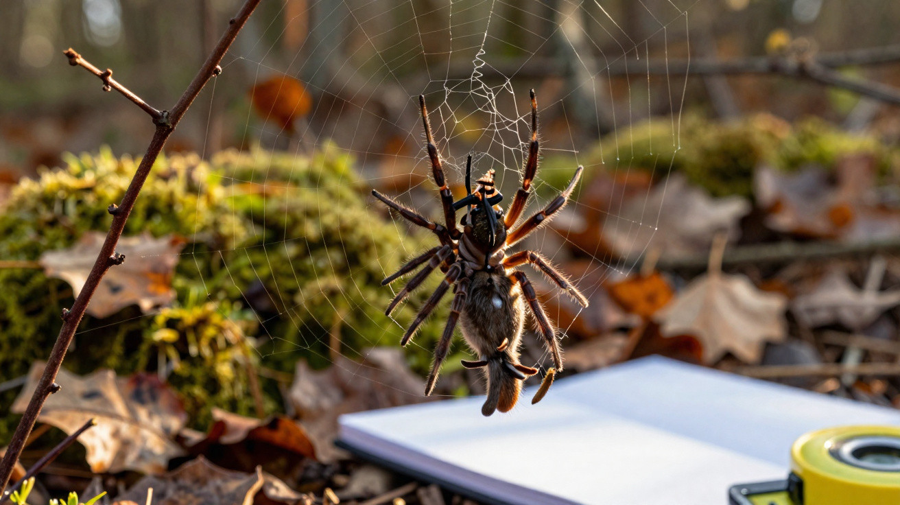 Aranha grande presa numa teia segurando inseto num ambiente natural com folhas e musgo ao fundo.