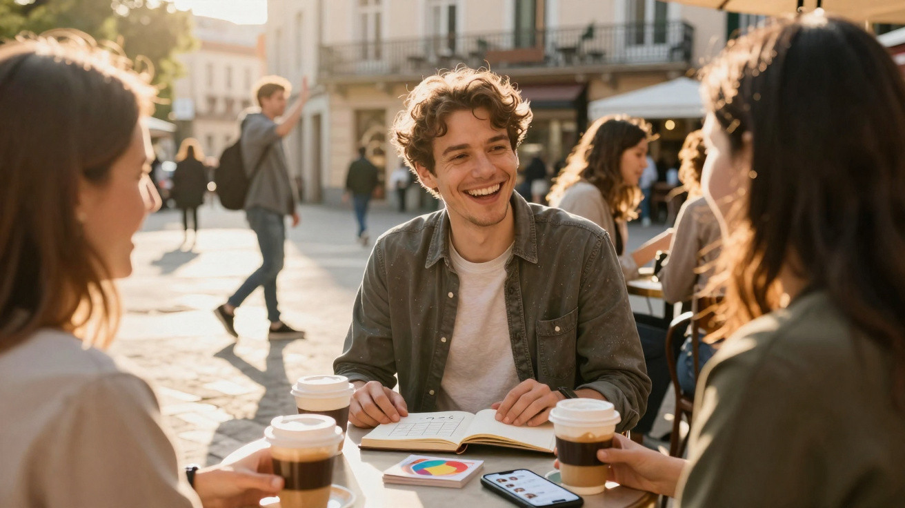 Jovem sorridente a conversar com amigas numa esplanada, com café e livros numa mesa ao sol.