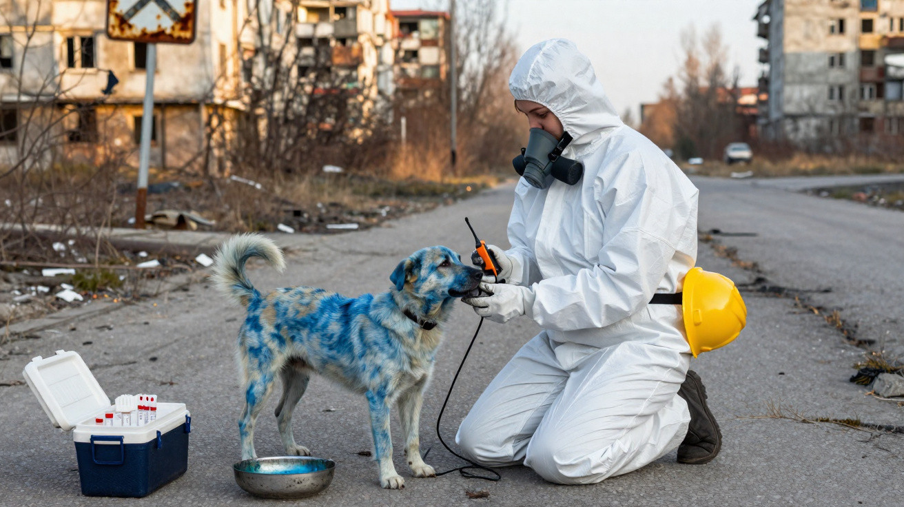 Pessoa de fato de proteção ambiental analisa cão tingido de azul em área urbana degradada.