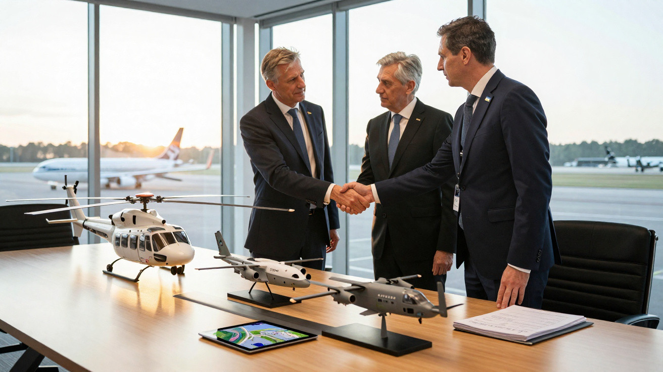 Três homens de fato cumprimentam-se num escritório com modelos de aeronaves sobre a mesa junto a janelas com vista para pista