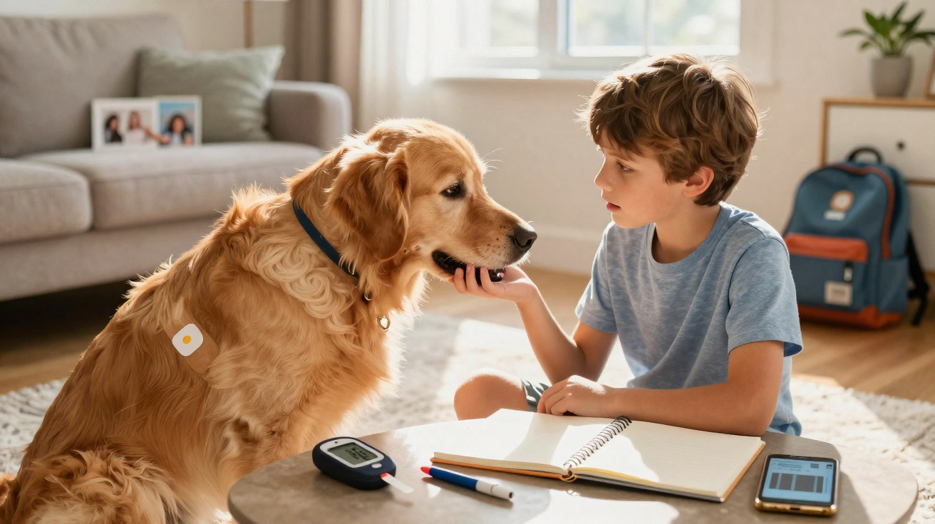 Menino sentado no chão a acariciar um cão com sensor de glicemia, à frente mesa com material de estudo e medidor de diabetes.