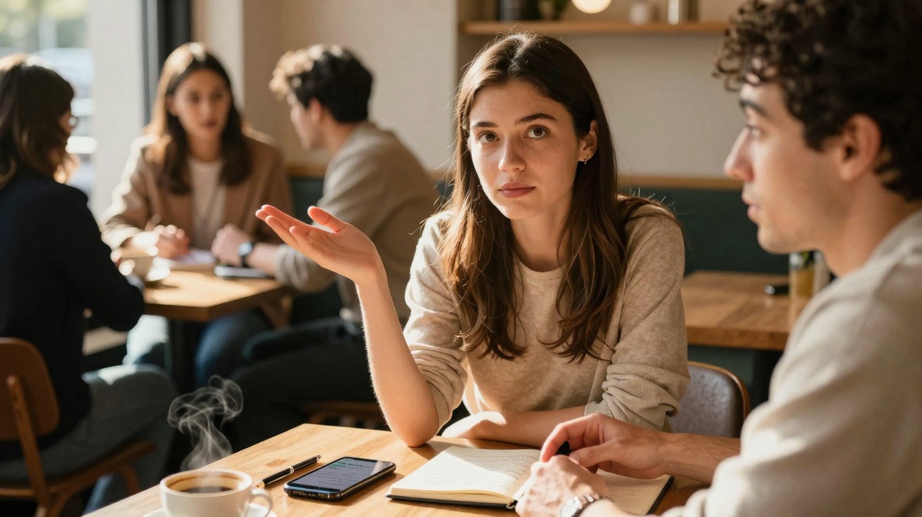 Jovem mulher explica algo a alguém numa mesa de café, com outras pessoas ao fundo.