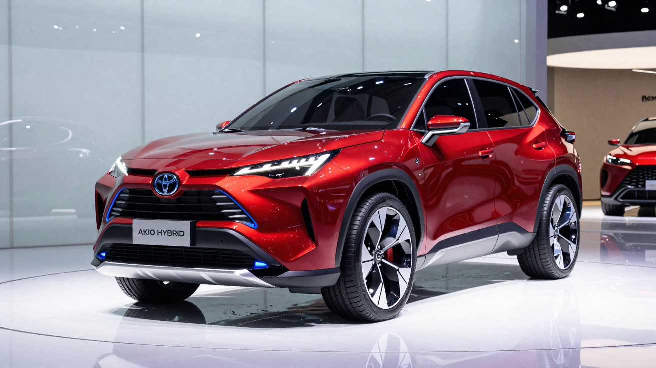 Carro Toyota Akio Hybrid vermelho exposto numa feira automóvel, com design moderno e rodas grandes.