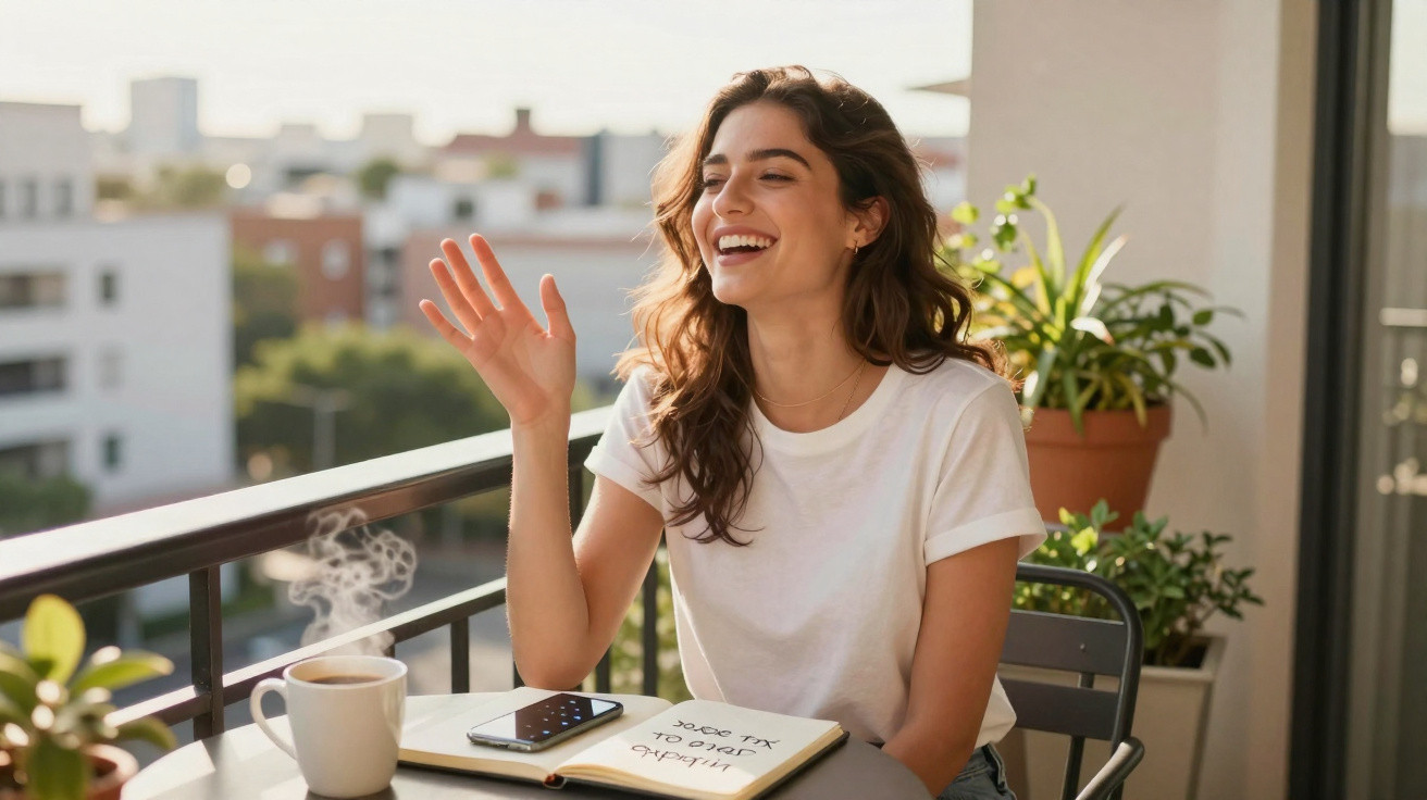 Mulher sorridente a acenar na varanda com chá, telemóvel e caderno à sua frente ao sol da manhã.