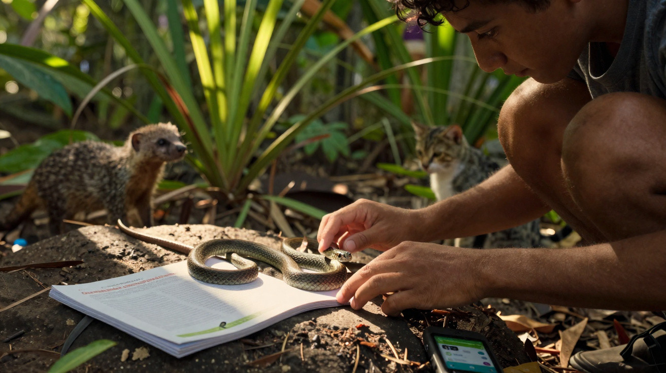Homem examina uma cobra sobre um livro aberto na floresta, com uma mangusto e um gato a observar ao fundo.