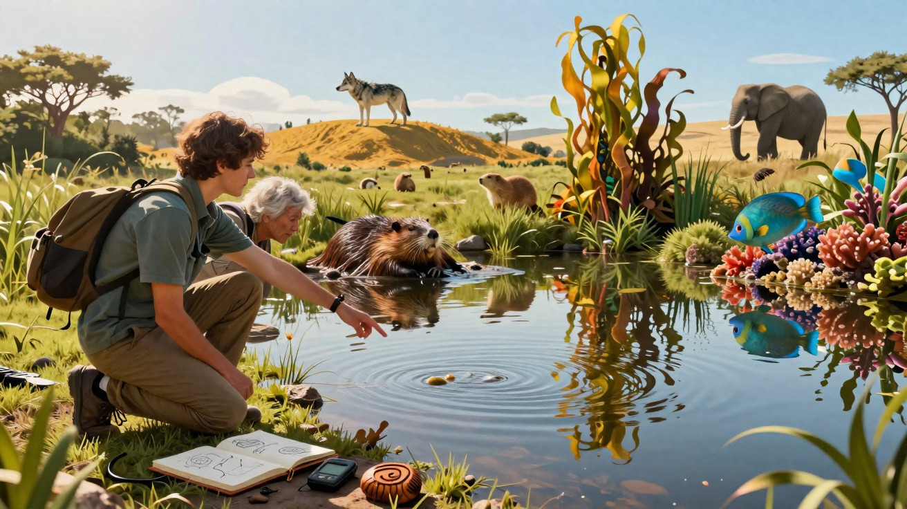 Dois jovens observam um lago com animais diversos como castores, elefante e peixes coloridos ao fundo.
