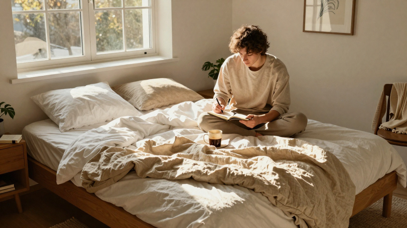 Pessoa sentada na cama a escrever num caderno, com uma chávena e luz natural a entrar pela janela.