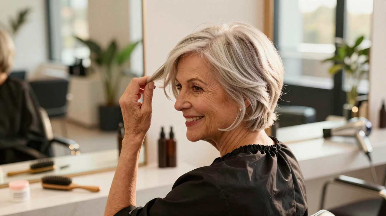 Mulher idosa sorridente com cabelo grisalho curto num salão de cabeleireiro, a arranjar o cabelo.