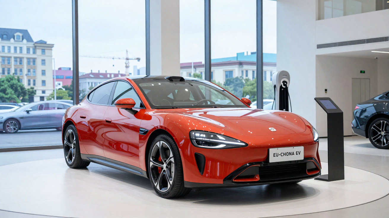 Carro elétrico desportivo vermelho em exposição num showroom moderno com janelas grandes.