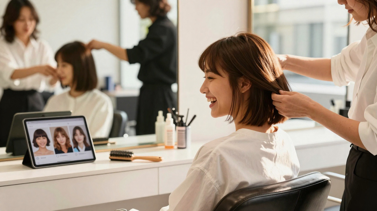 Mulher sorridente no cabeleireiro a experimentar penteado com ajuda de profissional, espelho e tablet na mesa.