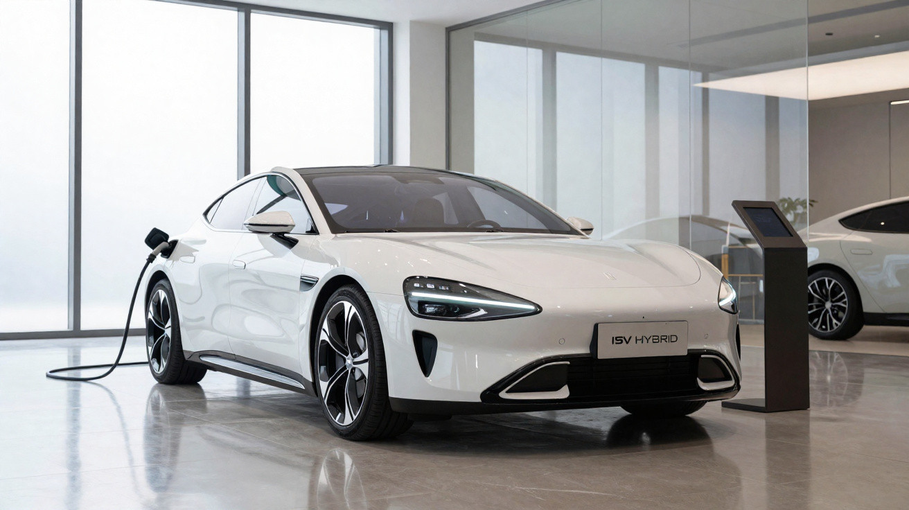 Carro elétrico branco a carregar numa sala moderna com janelas grandes e chão refletor.