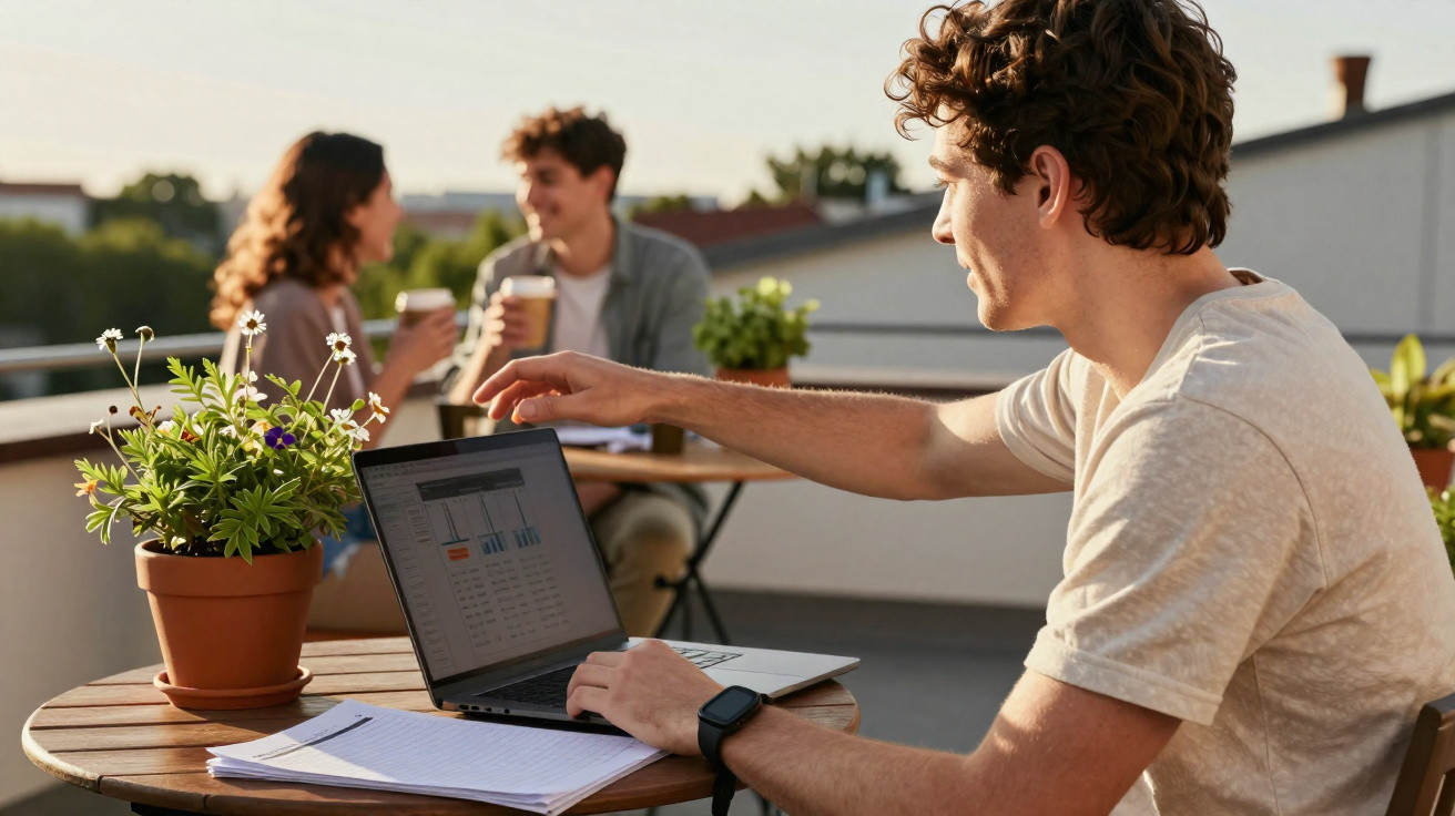 Jovem a trabalhar num portátil numa esplanada, com duas pessoas a conversar e beber café ao fundo.