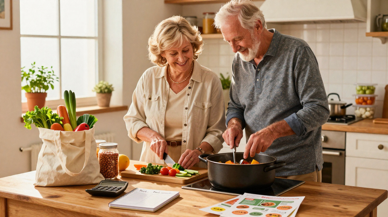Casal sénior a preparar refeição saudável juntos numa cozinha luminosa com legumes frescos sobre a bancada.