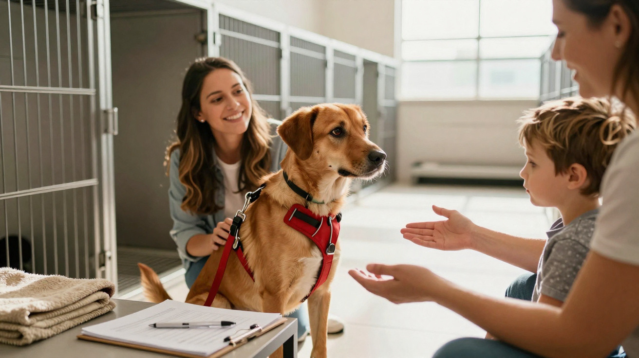 Mulher e criança interagem com cão de trela vermelha numa clínica veterinária iluminada.