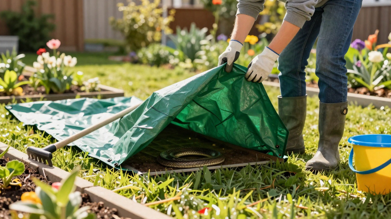 Pessoa a remover um plástico verde revelando uma cobra enrolada num jardim florido.