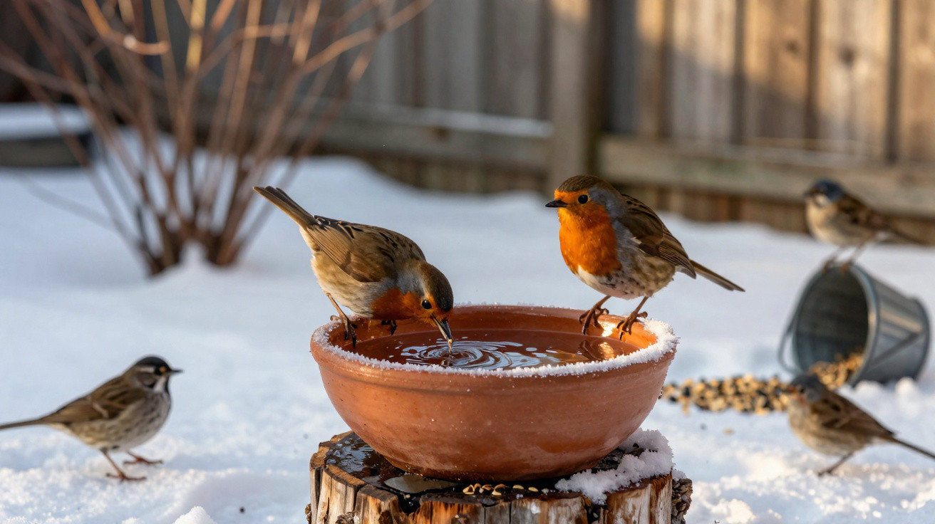 Pardais e um robin a beber água de uma tigela de barro numa paisagem coberta de neve.