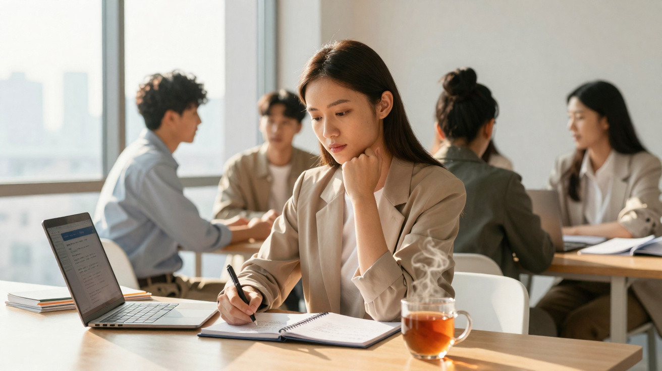 Mulher a tomar notas num caderno com computador aberto e chá quente, colegas a trabalhar em grupo ao fundo.