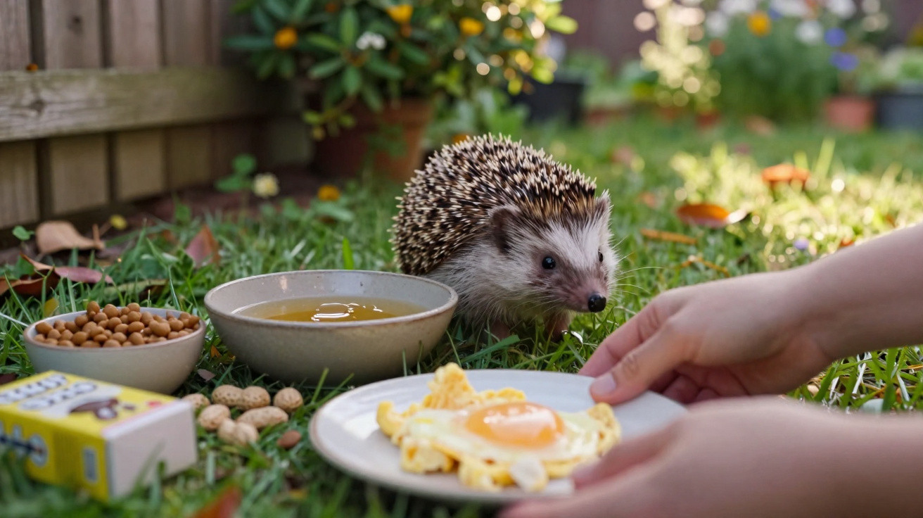 Ouriço no jardim próximo de pratos com comida e mãos a segurar um prato com ovo estrelado.