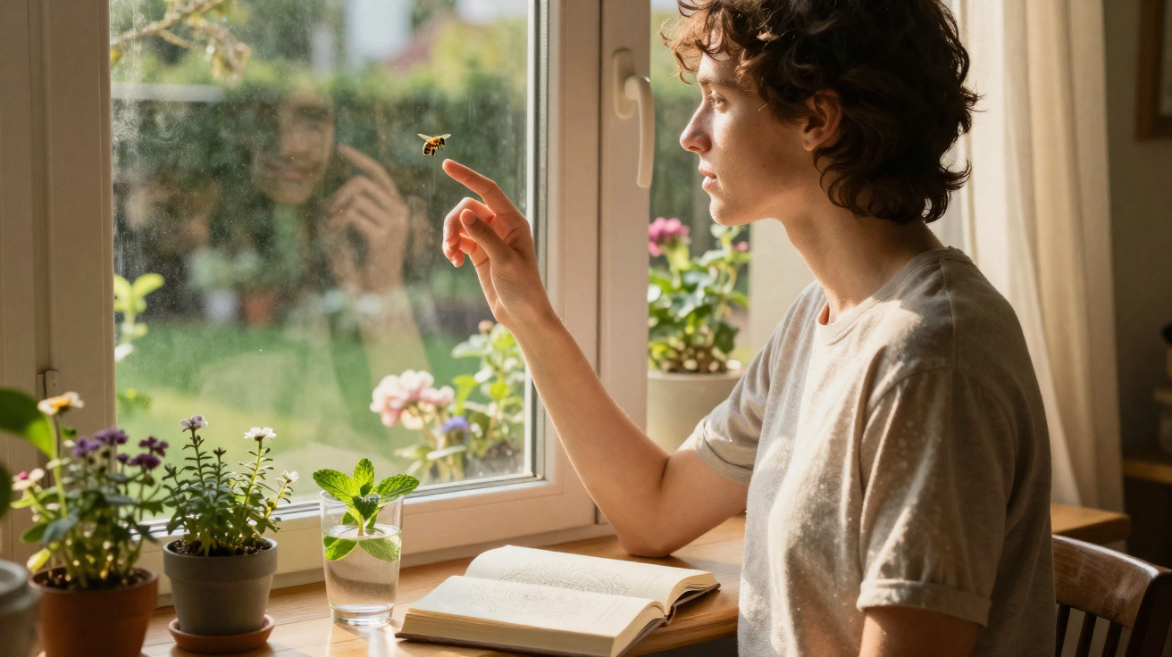 Pessoa a olhar e a tocar numa abelha numa janela, com plantas e livro numa mesa.