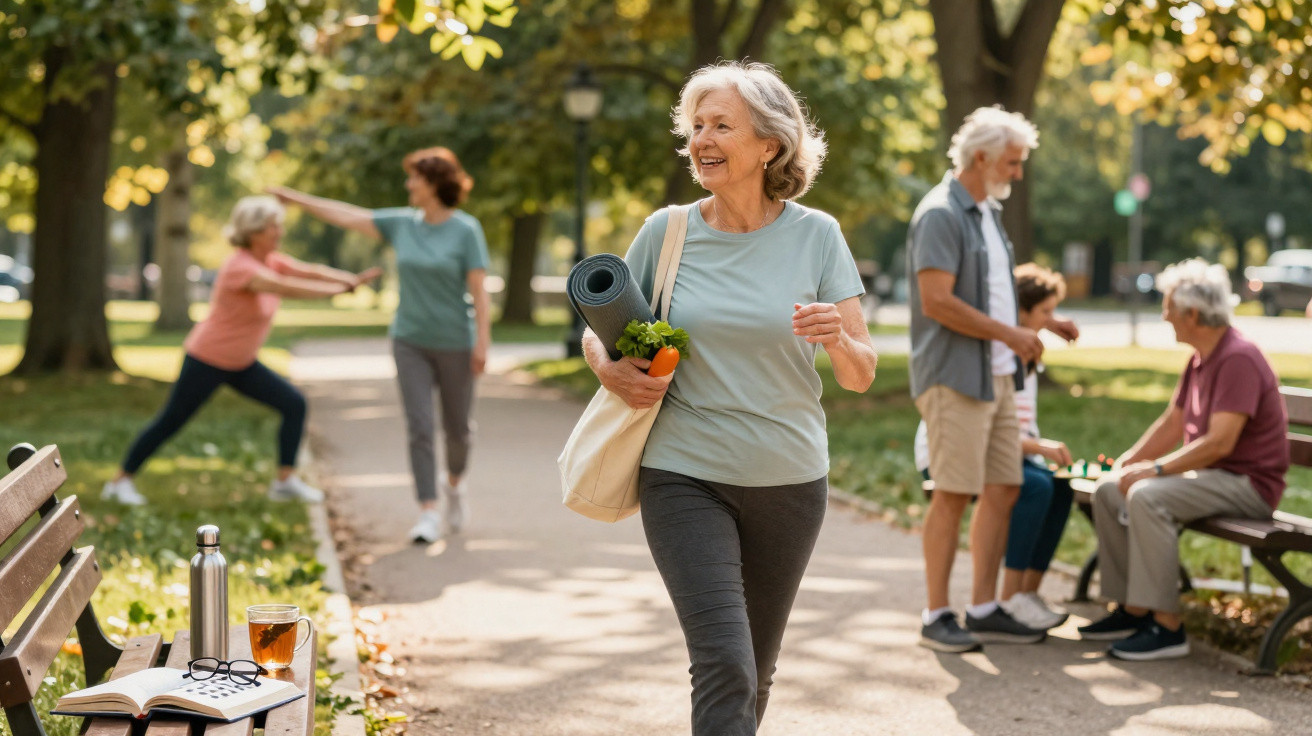 Mulher sénior caminhando num parque com tapete de yoga e legumes, pessoas a exercitar e conversar ao fundo.