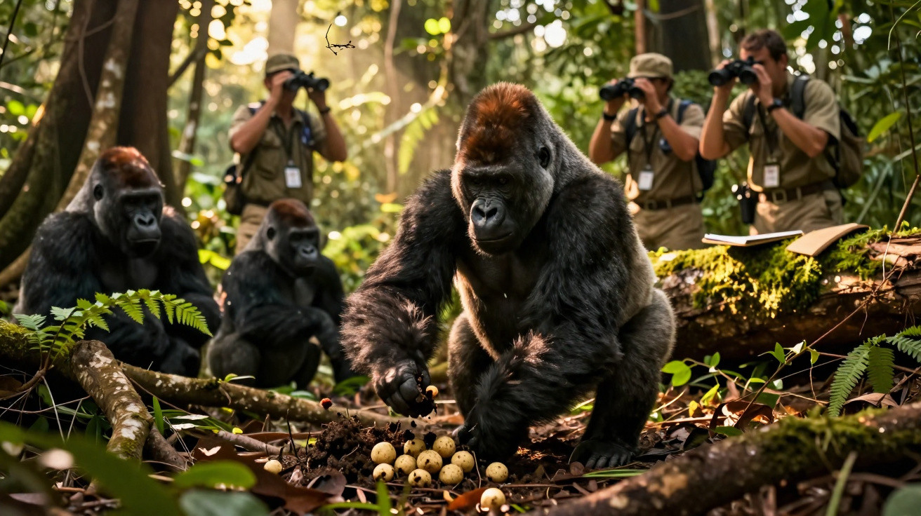 Três gorilas junto a ovos no chão de uma floresta, com três pessoas a observar e fotografar ao fundo.
