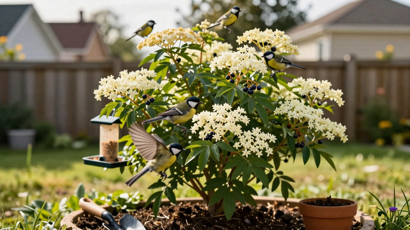 Pássaros pretos e amarelos a alimentar-se numa planta florida com flores brancas num jardim doméstico.