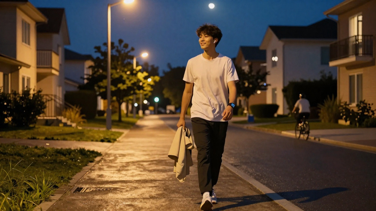 Jovem a caminhar à noite numa rua residencial iluminada, vestindo t-shirt branca e calças escuras.