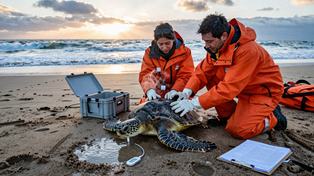 Dois biólogos em fatos laranja tratam de uma tartaruga marinha na praia ao pôr do sol.
