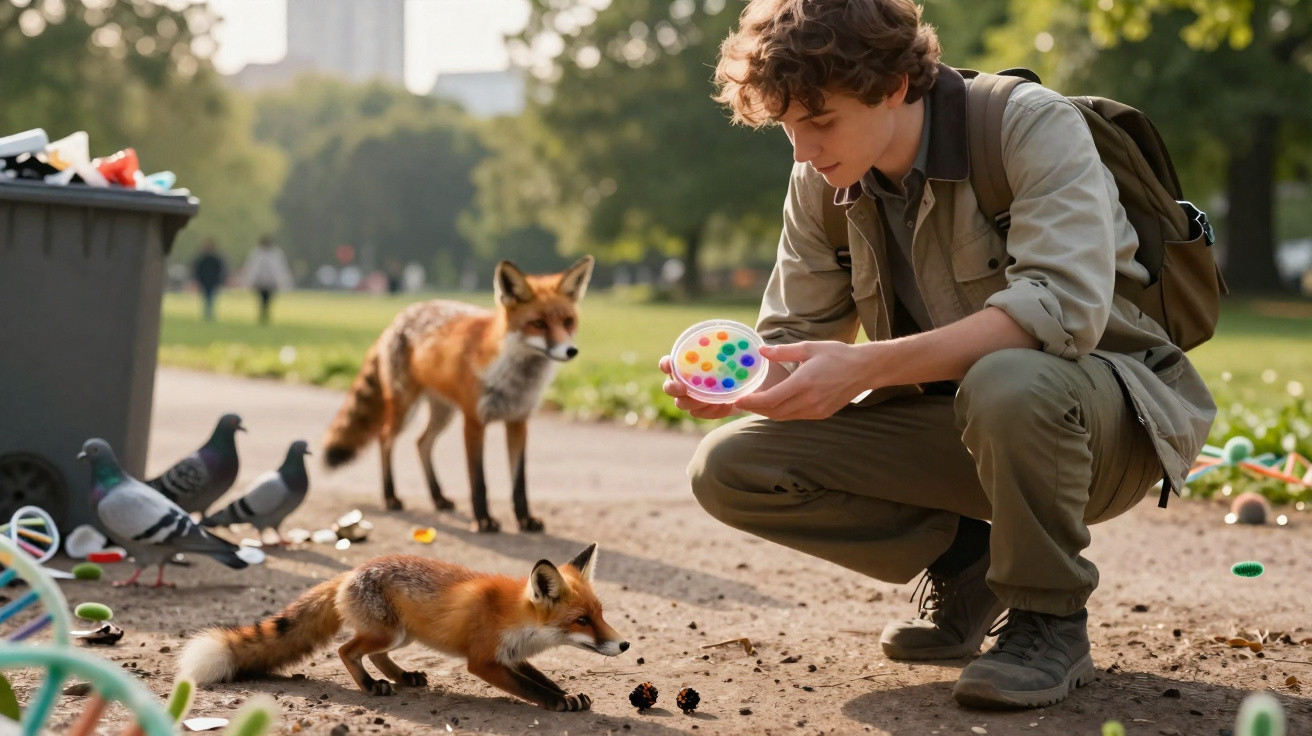 Jovem agachado oferece brinquedo a duas raposas num parque, com pombos perto e caixote do lixo ao fundo.