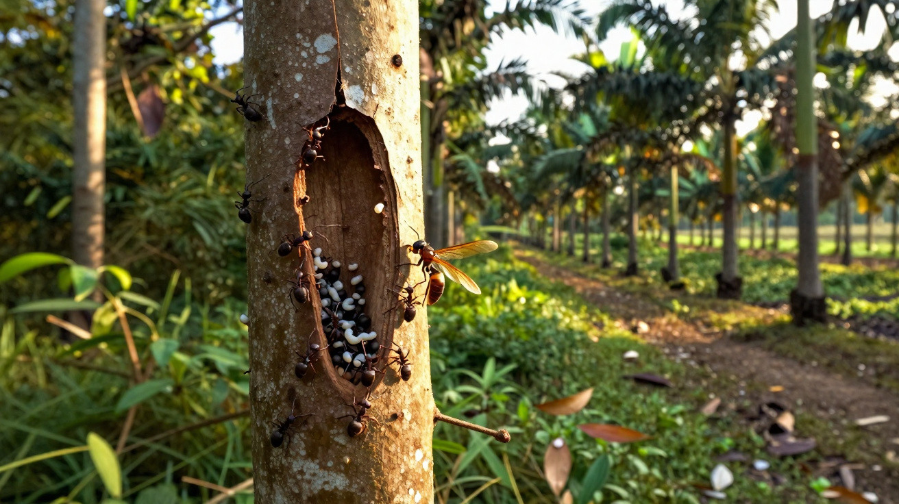 Formiga e vespa em tronco de árvore oco num campo com plantas e árvores ao fundo, em luz solar.