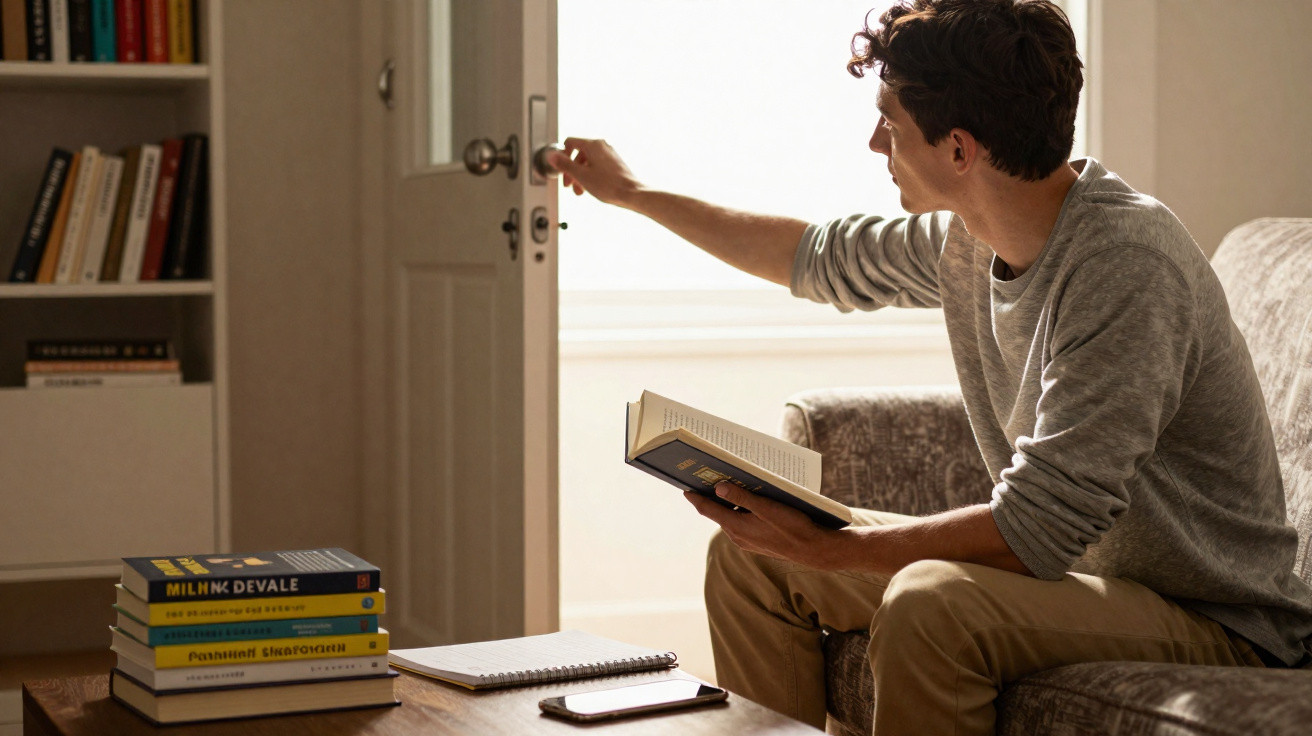 Homem sentado a ler livro abre porta ao lado de estante e mesa com livros, caderno e telemóvel.