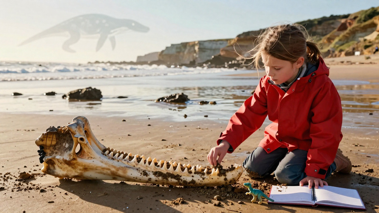 Criança a examinar mandíbula gigante na praia com caderno e dinossauro de brinquedo ao lado.