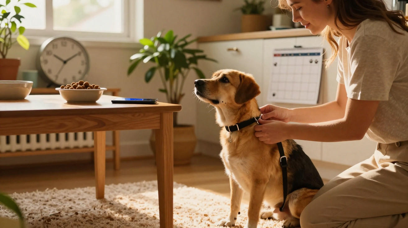 Mulher a colocar coleira num cão dentro de uma sala iluminada com móveis e plantas.