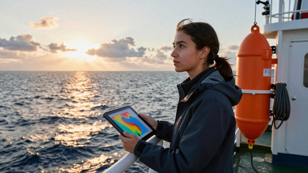 Jovem mulher a bordo de navio observa o mar ao pôr do sol segurando um tablet com mapa de calor.