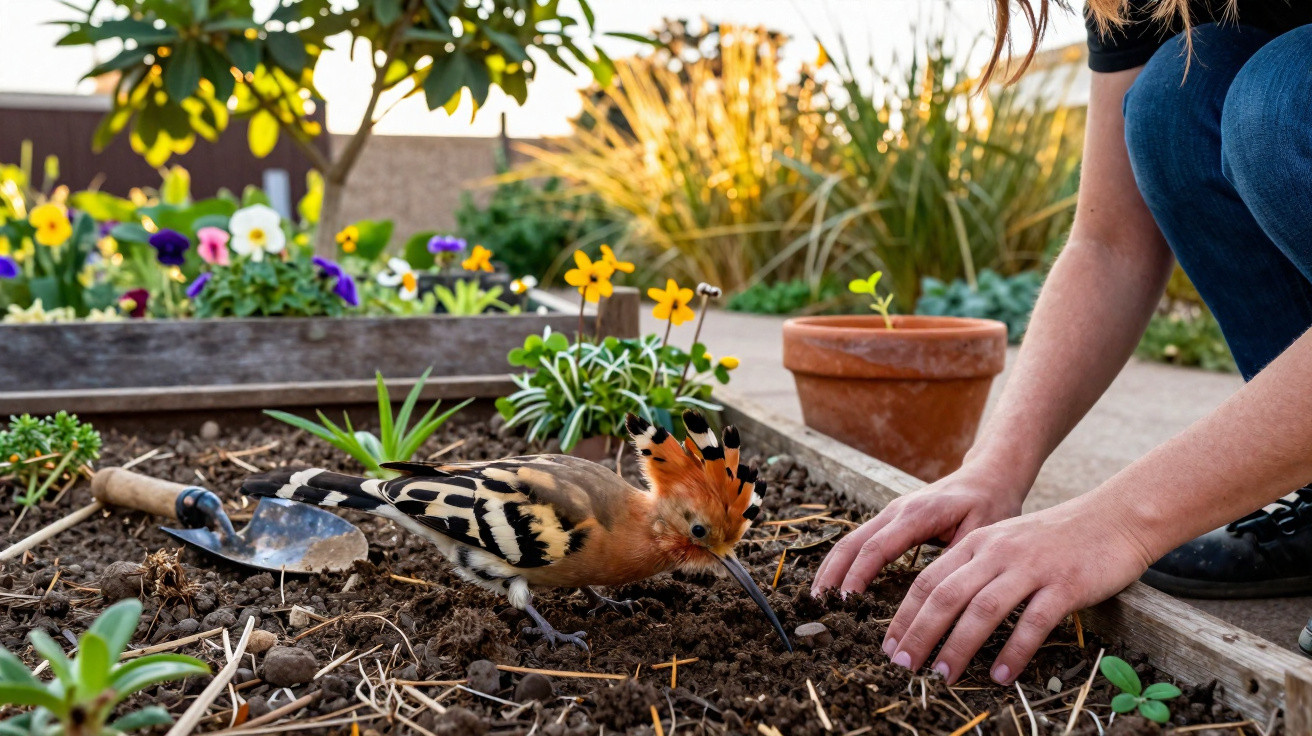 Pássaro colorido no solo junto a pessoas a cuidar do chão de uma horta com flores ao fundo.